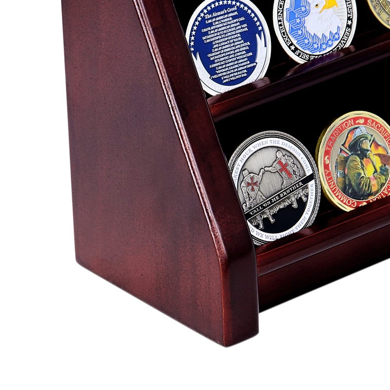 ASmileIndeep 4 Rows Military Wooden Challenge Coin Display Case - Wall Mountable Army Holder Stand Rack, Holds 32 Coins, Mahogany - Image 4